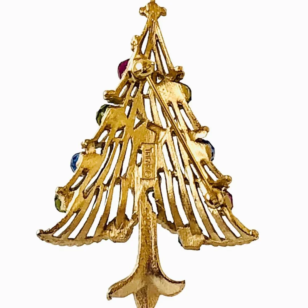 Trifari Vintage Crown Goldtone Multi-Color Rhinestone Christmas Tree Brooch